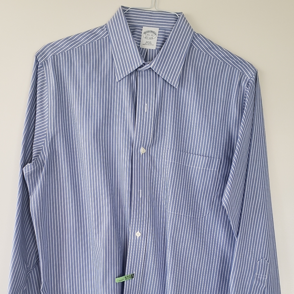 Brooks Brothers men's dress shirt 15.5 33 slim fit, non-iron, blue white striped
